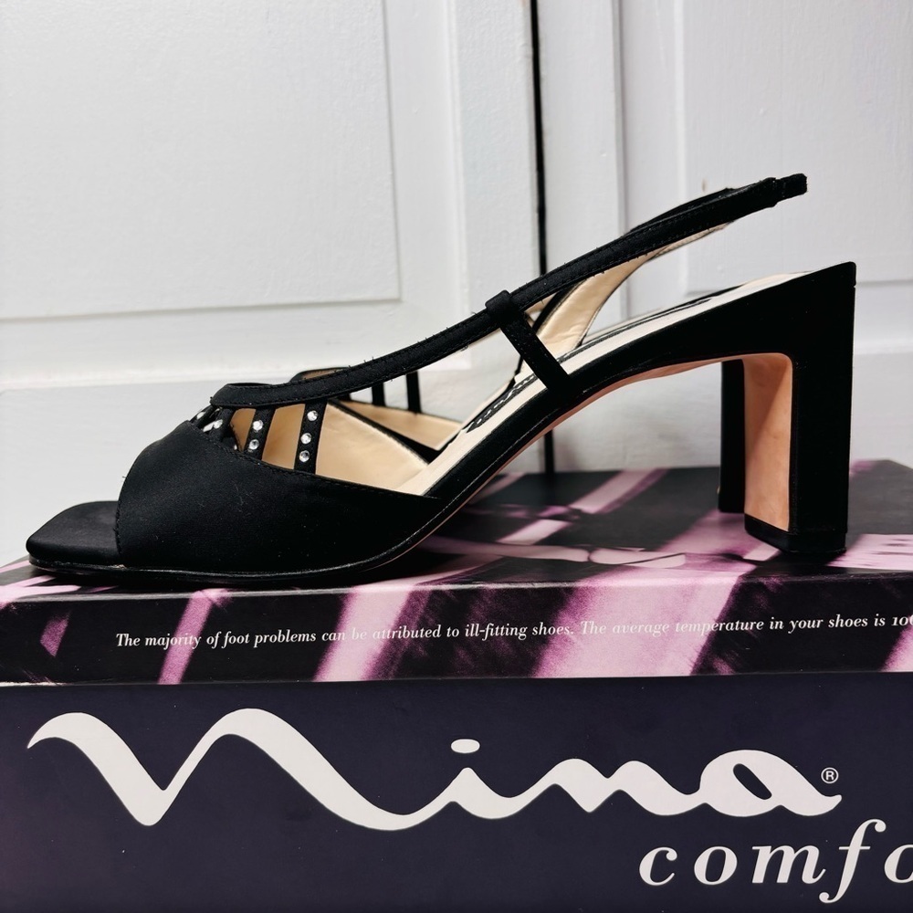 NINA COMFORT Godwin Black Luster Satin Strappy Open Toe Sling Back Heels Size 9